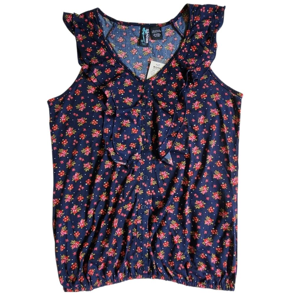 WEAVERS Floral Polka Dot Ruffle V Neck Blouse Top sz M